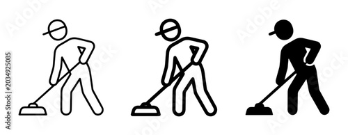 Schilderij op canvas Cleaning worker icons, set of 3, representing sweeping and mopping tasks, simple