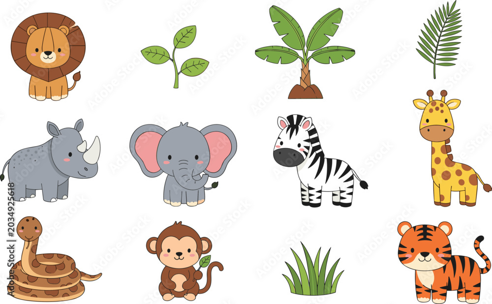 Fototapeta premium Cute Safari Animal Vector Set with Cartoon Jungle Wildlife and Tropical Plants Elements for Nursery Design, Kids Prints, and Educational Activities