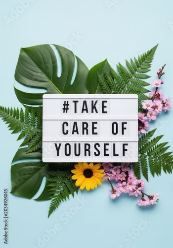 Take Care of Yourself Message on Lightbox with Tropical Leaves and Flowers on Blue Background for Wellness Concept