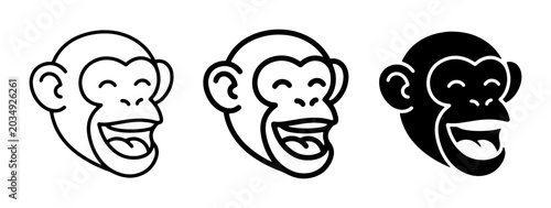 Photography Three Monkey Faces Vector Icons, Laughing Chimpanzee Head Graphics, Playful Prim