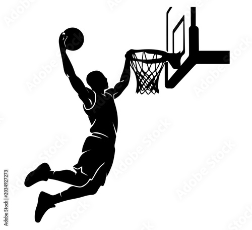 Cuadro en lienzo Basketball player dunking silhouette with slam dunk black and white basketball s