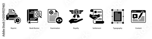 Foto Book Production web banner icon vector illustration featuring Reprint, Book Review, Examination, Royalty, Settlement, Typography, and Content