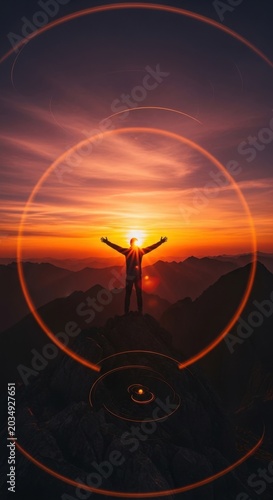 Person with outstretched arms embracing the vibrant sunset over a mountain landscape, symbolizing freedom and achievement.