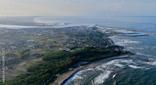 Aerial Panorama of Coastal Town and Pacific Shore in Chiba, Japan