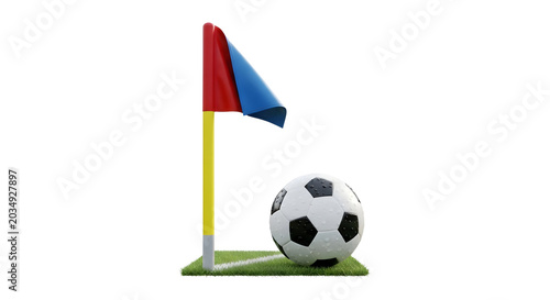 A miniature soccer goal with a red and blue flag next to a soccer ball on a green field against a white background.
