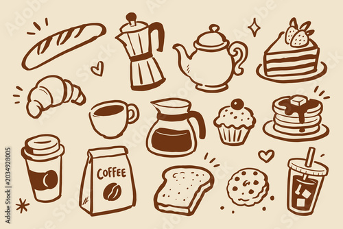 Coffee and Bakery Breakfast Doodle Sketch Vector Illustration