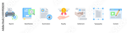 Foto Book Production web banner icon vector illustration featuring Reprint, Book Review, Examination, Royalty, Settlement, Typography, and Content