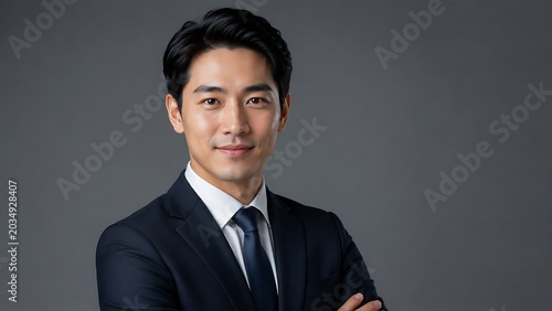Asian Businessman Portrait: A confident Asian man in a sharp suit and tie, with a subtle smile, poses for a professional portrait against a neutral grey background. His arms are crossed.