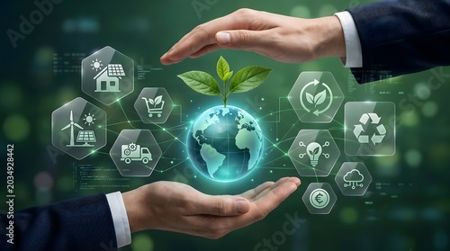 Business hands shielding green planet earth with growing plant and tech symbols