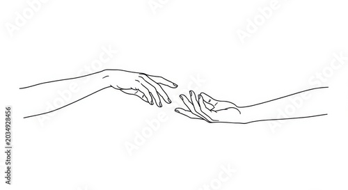 Minimalist Line Art Illustration of Two Hands Reaching Out to Each Other on White Background