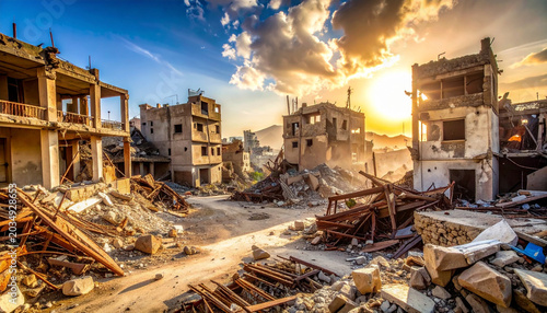 War-torn cityscape with destroyed buildings and rubble at sunset, depicting a scene