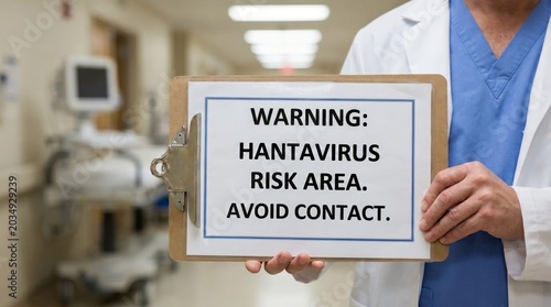 Close Up View of Medical Professional Holding Warning Sign for Hantavirus Risk Area and Infection Prevention