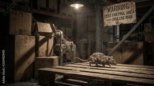 A wild rat walking on a wooden pallet inside a dark abandoned warehouse with a pest control area warning sign.