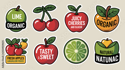 Collection of colorful fruit stickers with organic and natural labels vector illustration