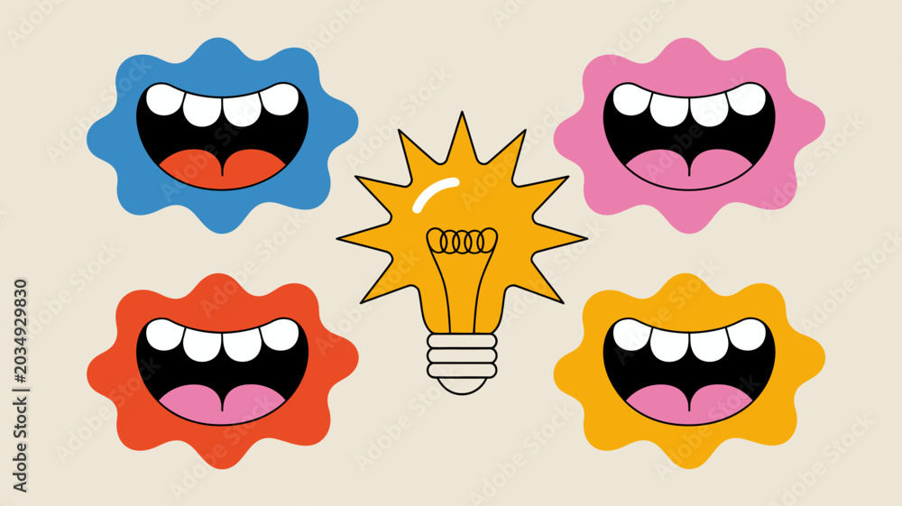 Obraz premium Colorful cartoon mouths surrounding a glowing light bulb illustration on a beige background