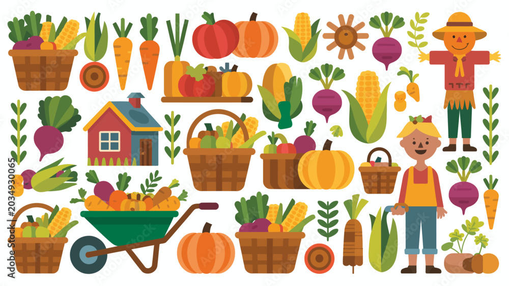 Fototapeta premium Colorful farm produce illustration featuring vegetables fruits a barn and garden elements on a white background