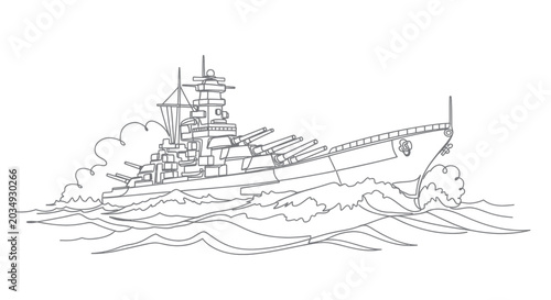 Photos Battleship sailing through rough seas, line art illustration
