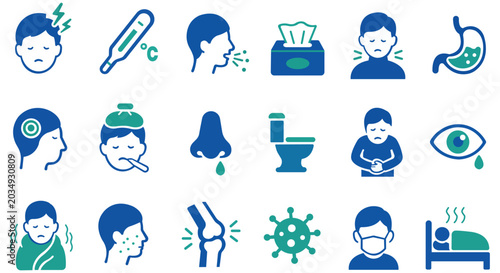 Tableau sur toile Illness and Discomfort Icons: A collection of graphic icons visually representing various symptoms and conditions associated with sickness and illness, including fever, cough, and stomachache