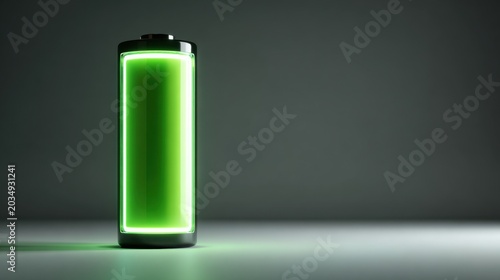 A close-up of a fully charged battery with a vibrant green indicator glowing brightly. The battery stands vertically against a dark, neutral background, symbolizing power and energy storage