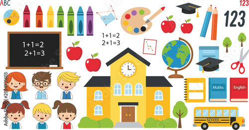 Cute Back to School Vector Element Set with Cartoon Students Yellow Bus Blackboard Crayons Books and Kindergarten Educational Learning Icons