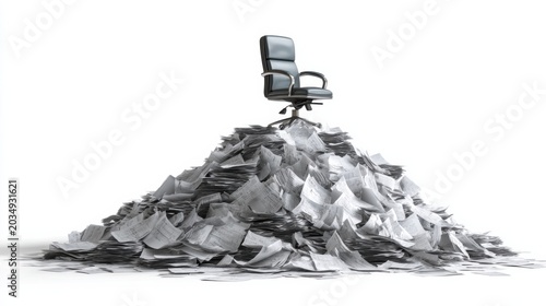 A comfortable office chair sits atop a huge pile of paperwork. The chair is black leather with a chrome base, and the paperwork is scattered and messy