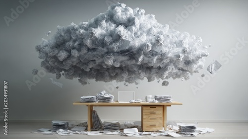 A stormy cloud hovering over a desk filled with scattered papers and office supplies, symbolizing the overwhelming nature of work