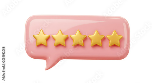 3d icon of five golden star rating in a pink speech bubble, isolated on transparent background