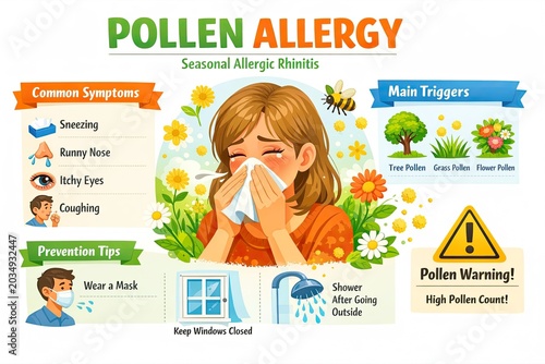 Woman suffering from seasonal pollen allergy and sneezing into tissue. Infographic with symptoms, triggers, and prevention tips to manage allergic rhinitis and high pollen count.
