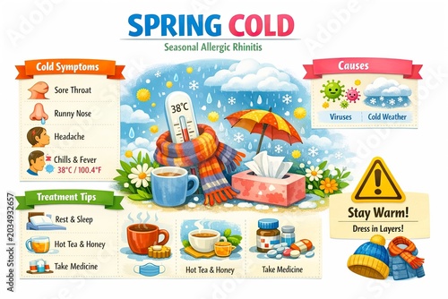 Spring cold and seasonal allergic rhinitis infographic illustration. Medical educational chart showing illness symptoms, causes, and health treatment tips with thermometer and tea.