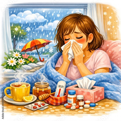 Sick woman with fever blowing nose in tissue at home. Ill girl wrapped in blanket with cup of tea, thermometer, and medicine during flu season. Cold, virus, and seasonal healthcare.