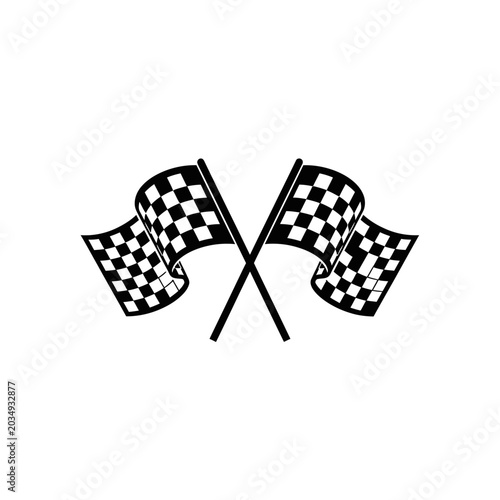 Two checkered racing flags waving crossed on white background.