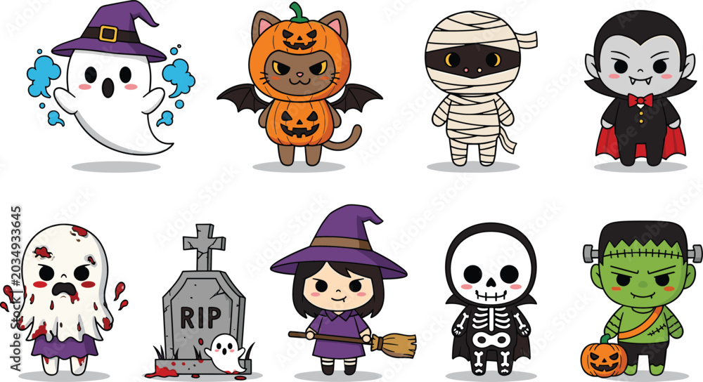 Obraz premium Cute Halloween Character Vector Element Set with Cartoon Ghost Pumpkin Cat Mummy Vampire Witch Skeleton and Frankenstein Monster Icons