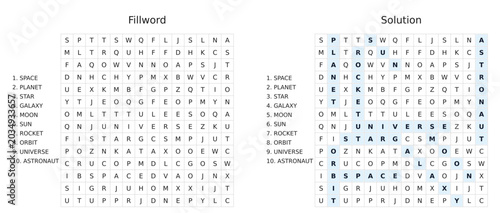Foto Space word search puzzle game with answer key and solution included
