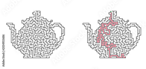 Teapot shaped labyrinth with answer. Kitchen object maze puzzle, black and white flat vector illustration