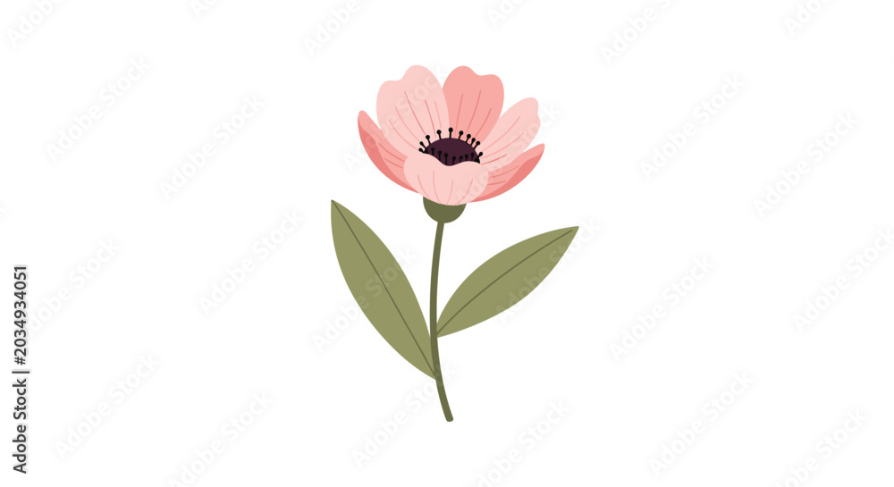 Obraz premium Elegant pink flower drawing with a dark center and two green leaves on a stem isolated against a plain white background for design.