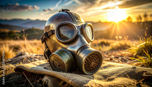 Realistic gas mask sitting on a cloth in a serene natural landscape with sunset background