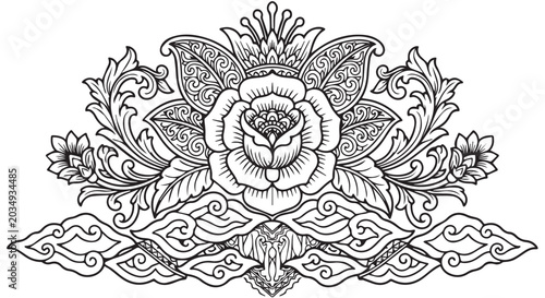 Hand drawn vintage floral seamless pattern with rose, leaves and ornamental swirls illustration design vector wallpaper decoration