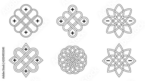 Intricate knot patterns black line art on a white background knots interlocking woven interwoven monochrome graphic design ornament pattern decorative symbol