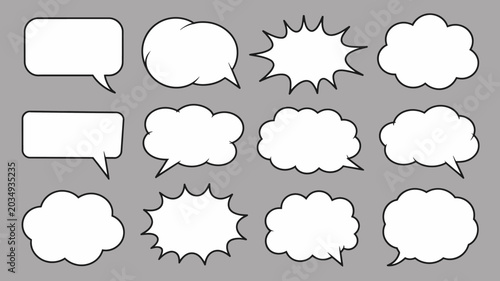 Collection Of Comic Book Speech Bubbles And Burst Shapes Vector Illustration balloons thought explosion effects graphic dialogue boxes conversation communication narrative