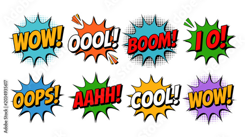 Foto Comic style speech bubbles with exclamation words on a white background bubble p