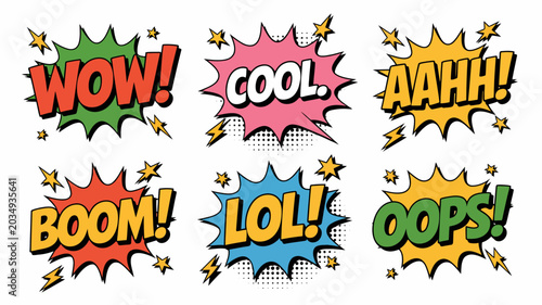 Foto Comic style speech bubbles with exclamations against a white background bubble e