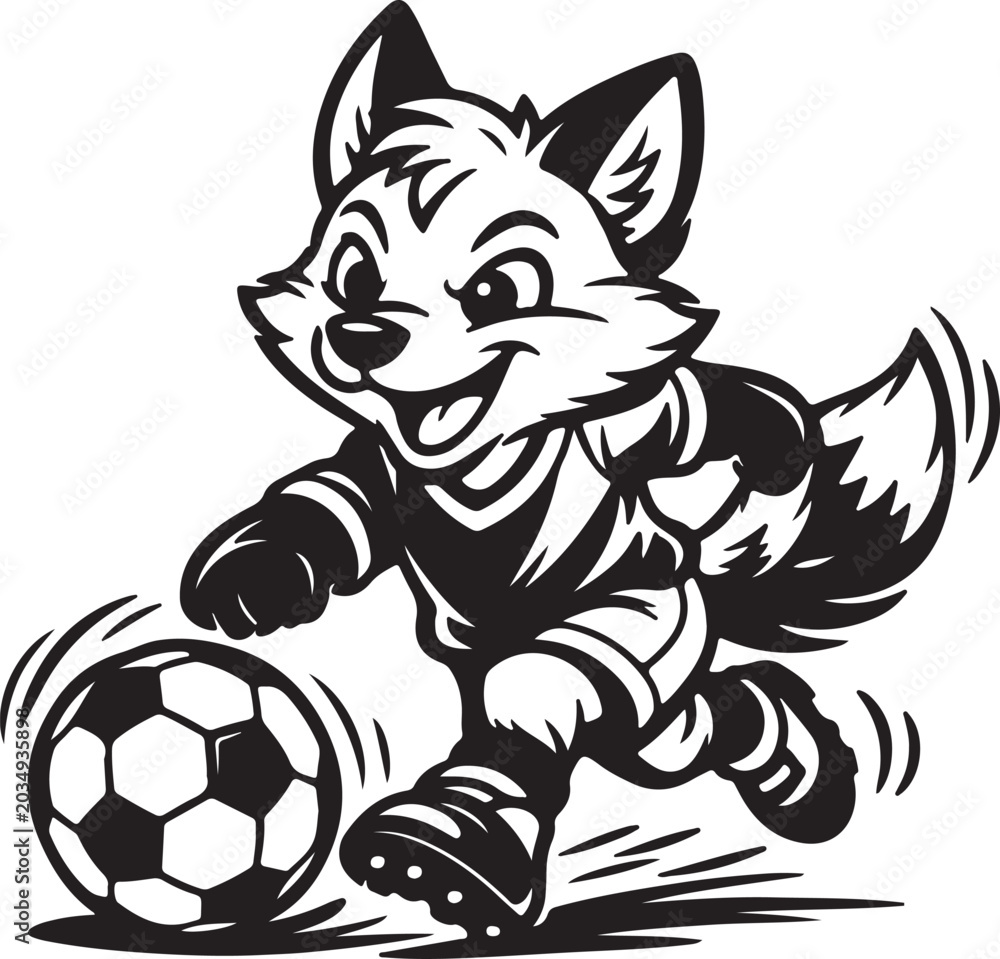 Naklejka premium Cartoon fox playing soccer with a ball