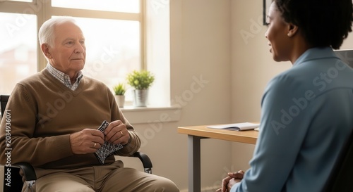 Elderly man in wheelchair talking to a female therapist