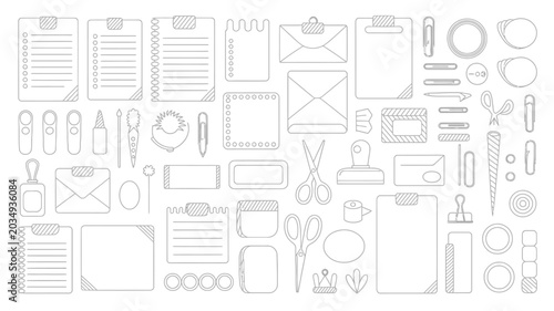 Foto Stationery item collection black line drawing on a white background office suppl
