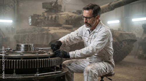 Mechanic Inspecting Large Industrial Gear Mechanism Inside Military Vehicle Workshop Setting