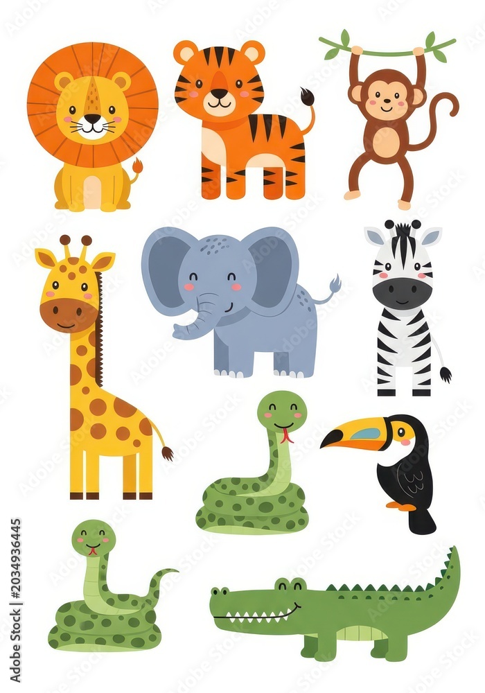 Obraz premium Cute Cartoon Jungle Animals Set with Lion Tiger Elephant Giraffe Monkey Zebra Snake Toucan and Crocodile Vector Illustration