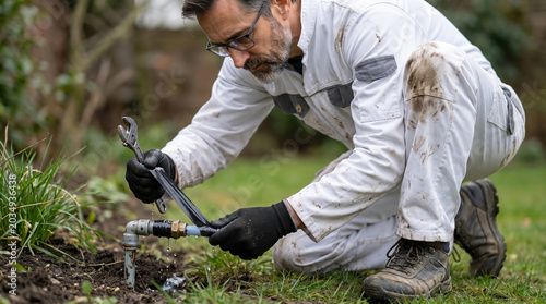 Man repairing outdoor plumbing pipe connection with wrench in garden setting