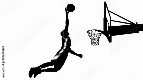Schilderij op canvas Basketball player silhouette against a white background capturing a dynamic dunk