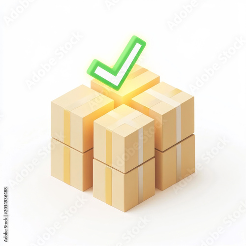 3D rendering of cardboard boxes stack with green checkmark icon on white background delivery and logistics concept