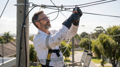 Electrician working on utility pole adjusting overhead power lines in residential neighborhood during daytime